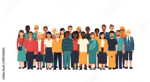 Flat Vector Illustration of Diverse Community of People, Multi-Ethnic Group in Casual and Business-Casual Attire, Friendly Inclusive Characters on White Background, Modern Corporate Style