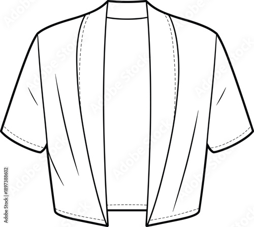 Open-front cardigan sketch, shawl collar design, short sleeve shrug, fashion technical drawing, garment template, apparel illustration, clothing concept art