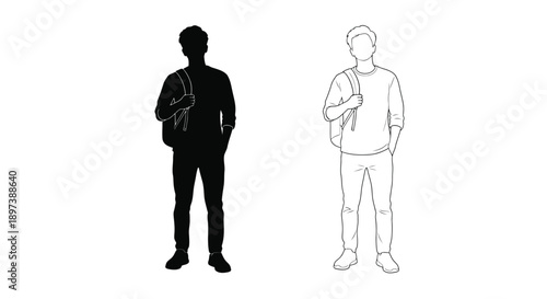 Two figures of men one silhouette and one outline with backpacks