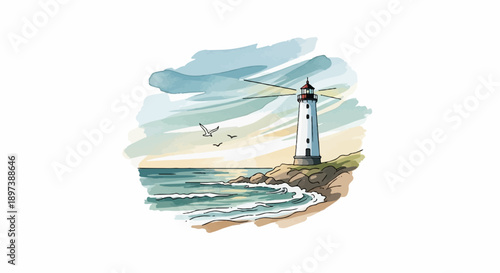 Watercolor sketch of a lighthouse on a rocky coast with birds flying under a cloudy sky and calm sea