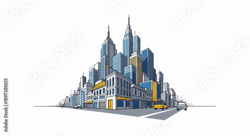 Cartoon illustration of a bustling city with tall skyscrapers, shops, streetlights, and cars on the road