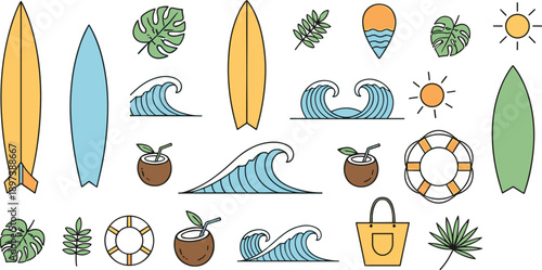Minimalist flat vector icon set of surfboards tropical monstera leaves ocean waves coconuts and beach gear for summer travel branding