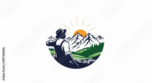 Man in hat and overalls overlooks a vibrant mountain landscape with a setting sun, circular graphic