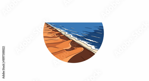 Vibrant cartoon-style illustration of desert sand dunes meeting blue ocean waves along a coastline