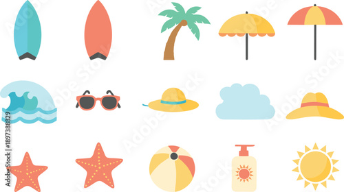 Flat vector summer beach icon set with surfboards palm trees sun umbrellas sunglasses starfish and sunscreen for tropical vacation travel