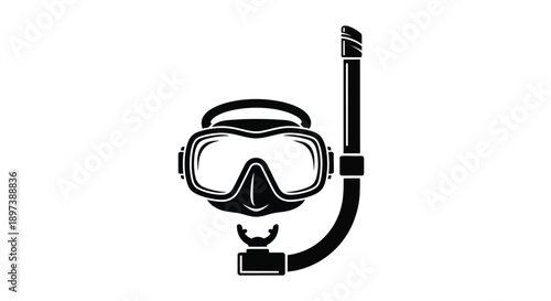 Black and white illustration of a snorkeling mask and snorkel