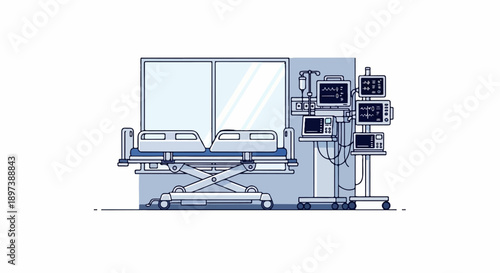 Minimalist illustration of a hospital room with an empty bed and advanced medical monitoring equipment