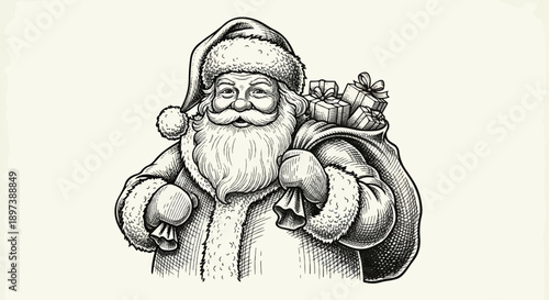 Vintage-style black and white illustration of Santa Claus smiling, holding a large sack filled with gifts