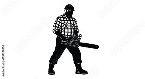 Silhouette of a lumberjack holding a chainsaw facing right