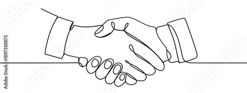 A minimalist line drawing depicts two hands completing a firm handshake