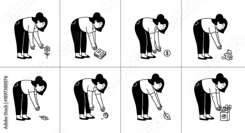 Woman collecting various items from the ground in a sequence of panels.