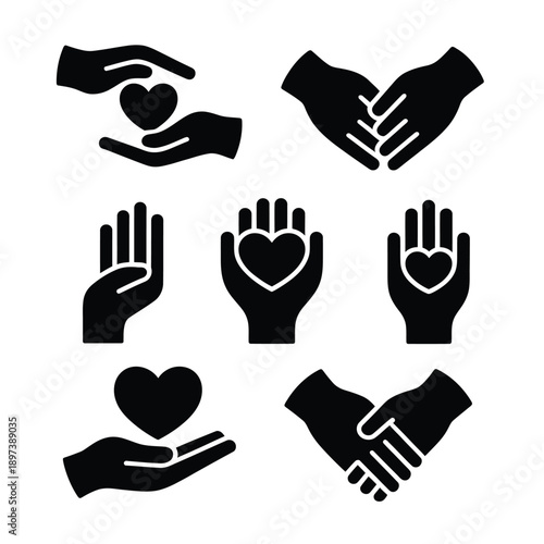 A collection of black silhouette icons depicting hands hearts and care