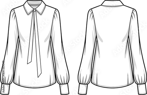 Women’s blouse design, fashion sketch, puff sleeve top, front and back view, garment template, apparel illustration, technical clothing drawing