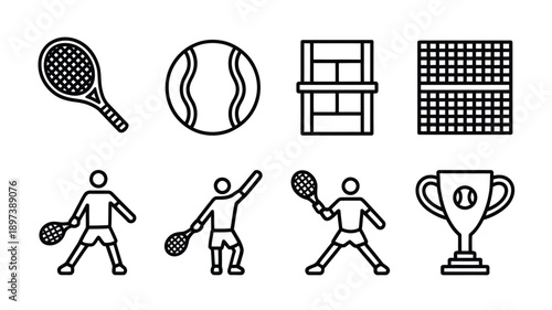 Tennis equipment and players depicted in a simple black and white line art style