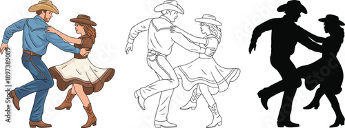 Western dance couple illustration, cowboy attire sketch, silhouette and line art, festive pose, cultural fashion concept, romantic movement artwork