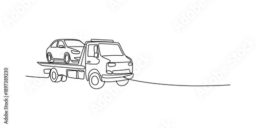 Continuous line drawing illustration of a tow truck providing vehicle recovery service Vector, illustration