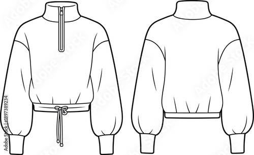 Women’s pullover top sketch, balloon sleeve design, zipper collar fashion, front and back view, garment template, apparel technical drawing