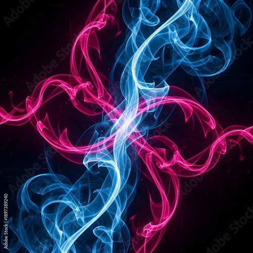 Abstract swirls of blue and pink smoke dancing against a dark background illustration