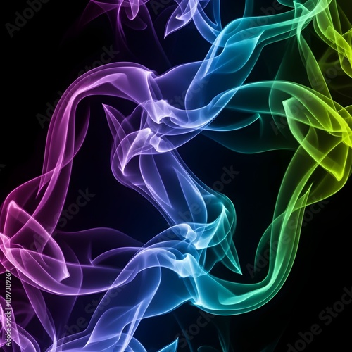 Abstract rainbow smoke swirls against a black background illustration