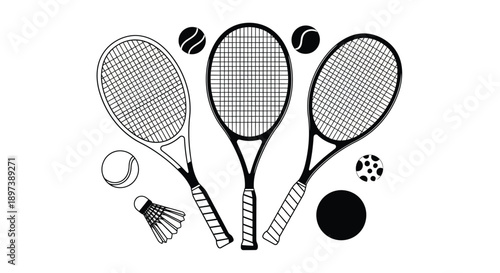 A collection of tennis badminton and squash equipment in black and white