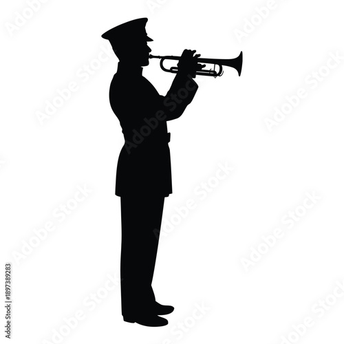 Silhouette of a military musician playing a trumpet side profile view