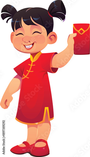 Chinese lunar New Year kid or Asian holiday character with hongbao red envelope, cartoon vector. Little girl kid in traditional Hanfu dress with gift envelope for CNY festival celebration character