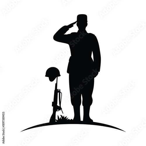 Silhouette of a saluting soldier with helmet and rifle honoring sacrifice