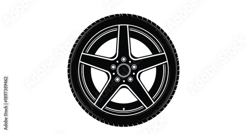A black and white illustration of a car wheel with five spokes