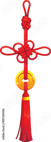 Chinese lucky knot pendant. Traditional vector Asian charm for China Lunar New Year. Symbol of luck and endless. Trinket gift with loop and gold coin hanging on red tassel. cartoon fortune amulet