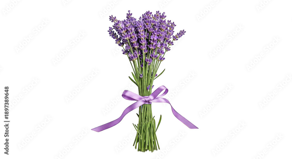 Obraz premium A bouquet of fresh lavender flowers tied with a purple ribbon isolated on transparent background