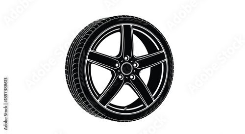 A black and white illustration of a car wheel with a detailed tire tread