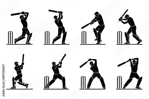 Silhouettes of cricket players in various batting stances and action positions