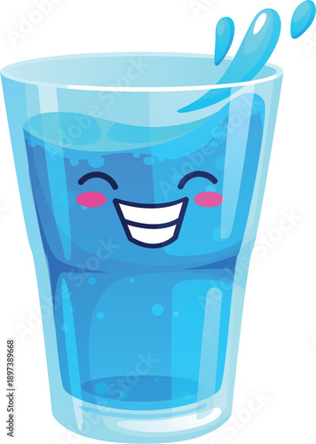 Cartoon cute blue water glass character, funny transparent cup with liquid splash. Vector cute kawaii water beverage personage with with blushing cheeks and wide grin. Water fun and friendly character