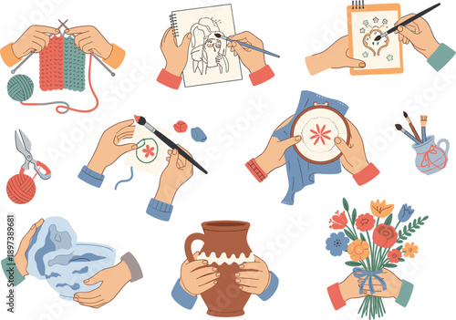 Hands engaged in creative hobbies illustration set featuring knitting, drawing, embroidery, painting, pottery, and floral crafting activities