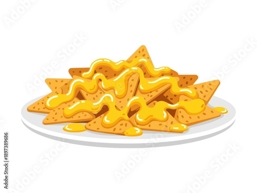 A delicious plate of nachos smothered in cheese sauce, served on a white plate, viewed from directly above in a casual dining setting.