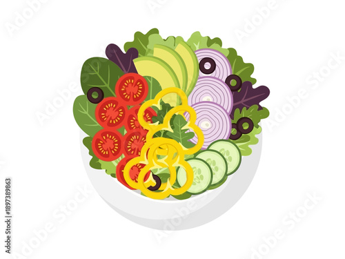 Fresh salad bowl illustration featuring mixed vegetables and fruits from above viewpoint