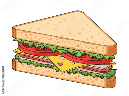 A delicious sandwich with ham, cheese, lettuce, and tomato on whole wheat bread viewed from the side on a clean background