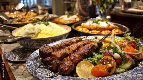 A buffet of Middle Eastern dishes with kebabs and rice