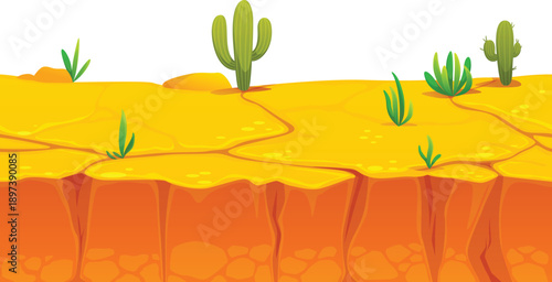 Game ground soil layer of desert stones and rocky terrain with cactus. Cartoon vector layer depicting arid desert ground with rocks, and cacti. Textured, orange brown terrain for adventure games