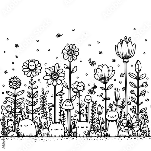 Whimsical illustration of cute cartoon cats and animals in a vibrant garden with flowers and insects