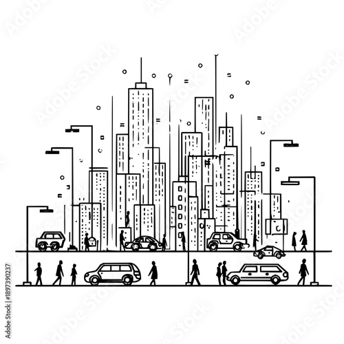 Cityscape illustration with skyscrapers cars and pedestrians walking on a busy urban street at daytime