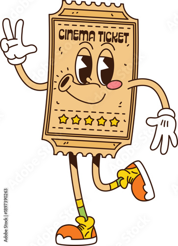 Groovy movie cinema ticket character with funky face, retro cartoon vector. Groovy funny cinema theater or movie ticket silly whistling in good vibes and positive emotions for retro cartoon character