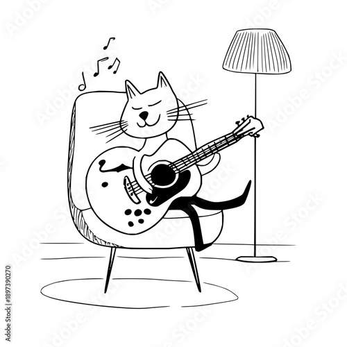 A cartoon cat sitting on a chair playing an electric guitar with a lamp beside it