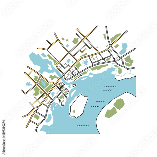 Detailed City Map Illustration with Waterways and Streets.