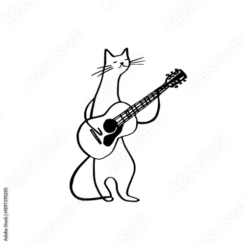 A cartoon cat playing an acoustic guitar on a plain background with a carefree expression and whimsical lines
