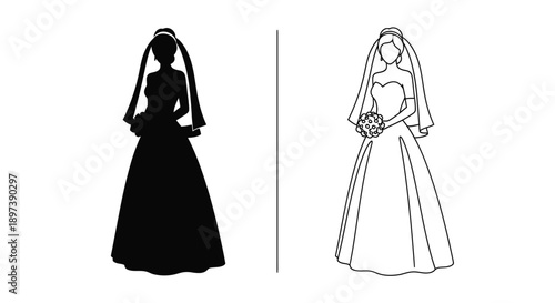 Silhouette and line drawing of a bride in a wedding dress