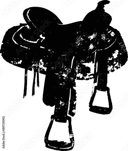 Black silhouette of a western horse saddle with stirrups and seat detailed design