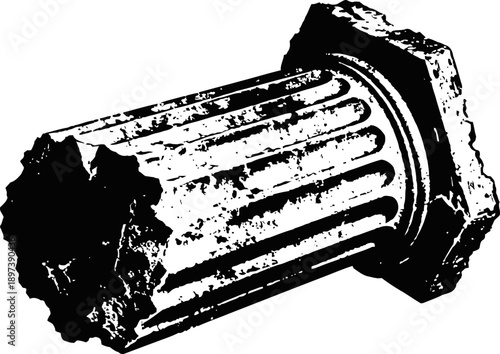 Ancient broken column fragment isolated on white background with carved fluted details