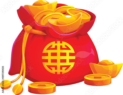Cartoon Chinese lucky money bag and fortune pouch with golden coins and ingots, Asian happy wallet. Vector purse filled with shiny gold coins for happy Asian New Year greetings, or festive websites