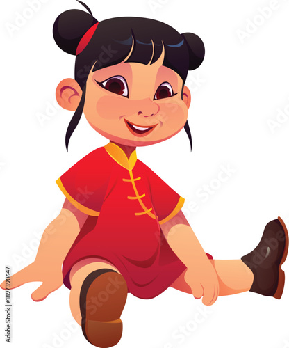 Chinese Lunar New Year kid, Asian holiday character. Joyful cartoon girl in traditional red cheongsam dress sits on the floor. Cute vector personage for Lunar New Year cards, children's festivals